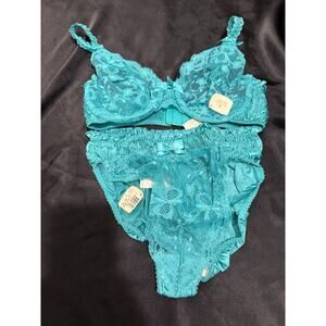 NWT Vtg 90s Victoria's Secret Second Skin High Cut Brief Panties L Bra Set Teal